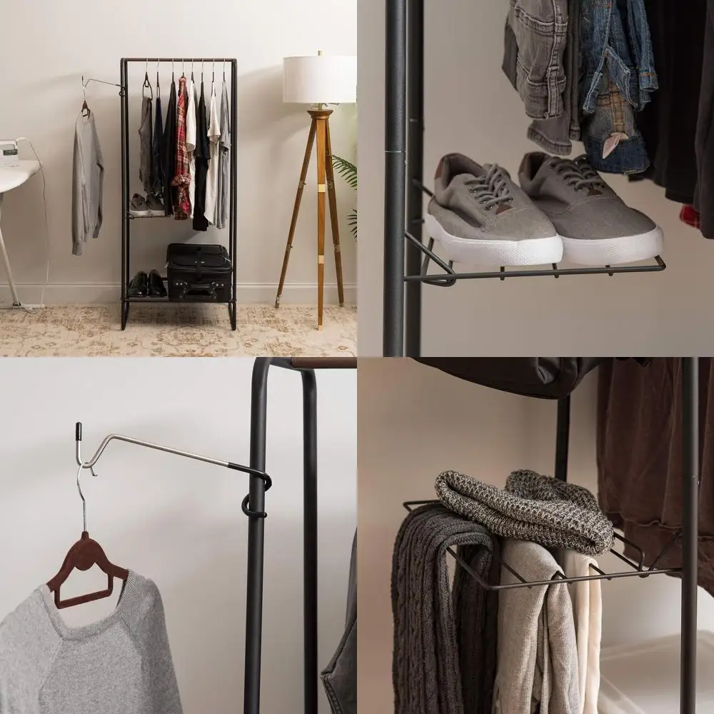 

Compact Metal Clothing Rack with 2 Shelves, Portable Hanging Storage for Garments and Accessories, Easy Assembly, Black