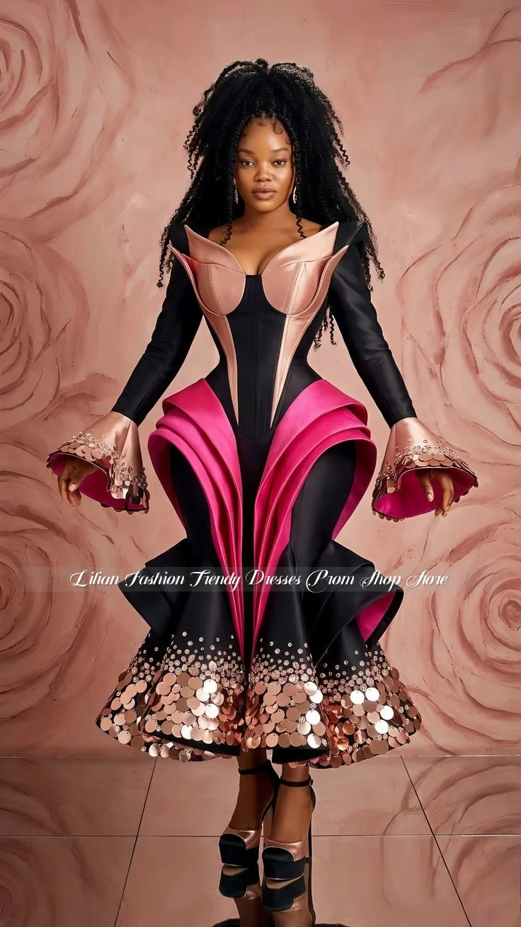 Vestido Midi Esculpido Negro y Rosa Intenso Personalizado con Lentejuelas de Disco en Oro Rosa y Manga Larga, Estilo Henna Africana, para Fiesta o Desfile de Moda