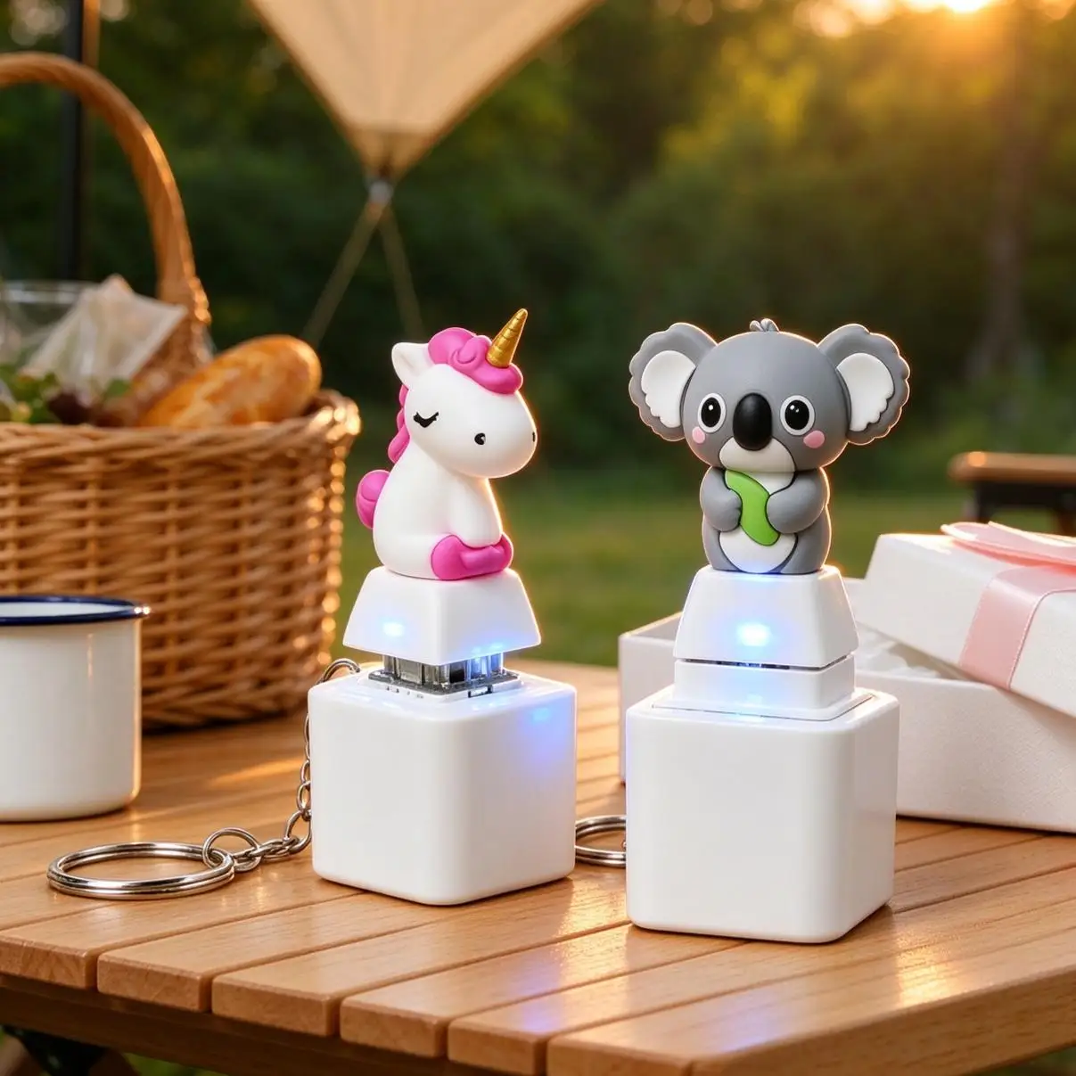 Multi-purpose Mini Cartoon Horse Koala Press Keychain Type-C Rechargeable Sound Light Pendant for Key Bag Car Interior Decor
