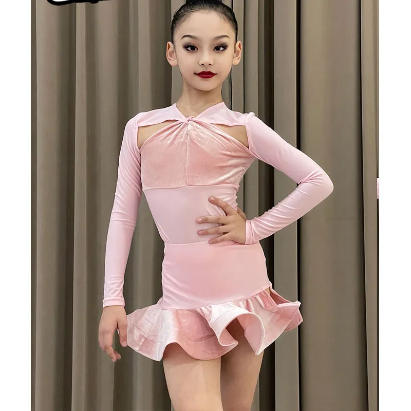 

Advanced version Latin dance training dress 2023 autumn and winter new children's dance dress gentle pink long-sleeved suit