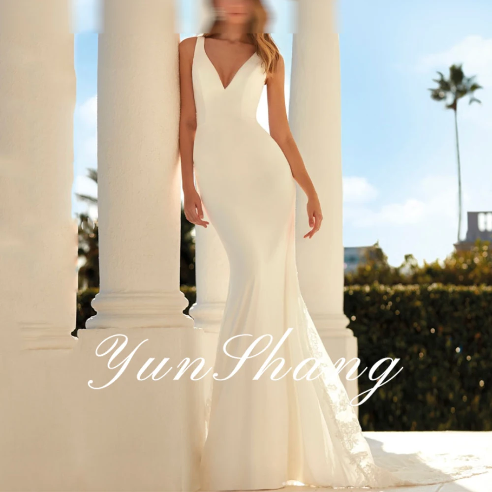 

YunShang V-Neck Wedding Dress Mermaid Sleeveless Lace Appliques Modern Bride Gown Backless Button Vestido De Novia Customized
