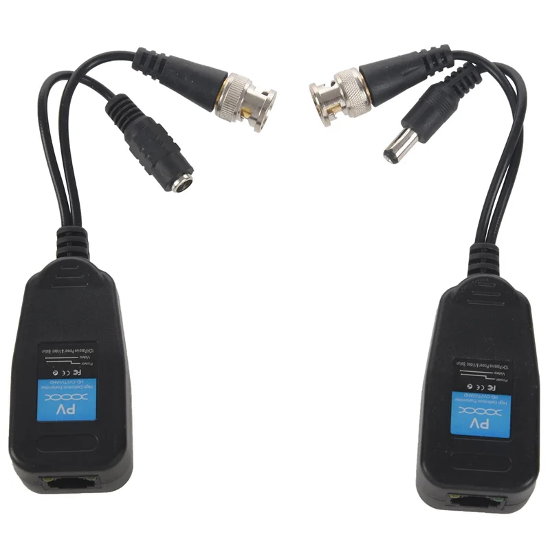 HD-CVI/TVI/AHD passieve videobalun met voedingsconnector en RJ45 CAT5 datazender 1 paar