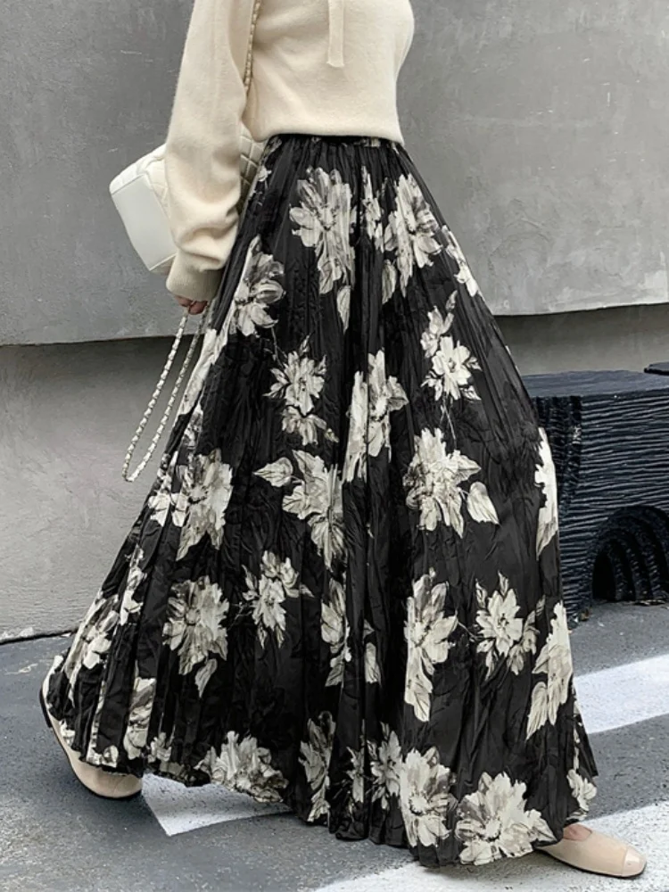 

SMTHMA романтическая плиссированная юбка-миди с цветочным принтом для женщин, новая осенне-зимняя утягивающая длинная юбка трапециевидной формы с высокой талией