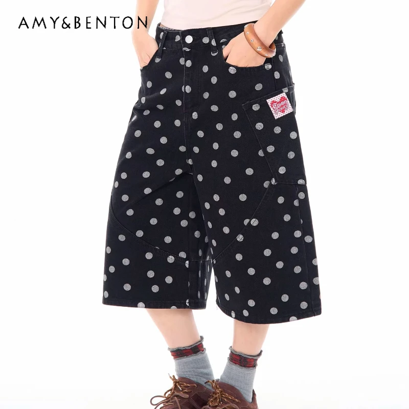 

Korean Retro Design Polka Dot All-over Print Women's Jeans 2026 Summer New Loose Slimming Versatile Wide-leg Capri Pants Ladies