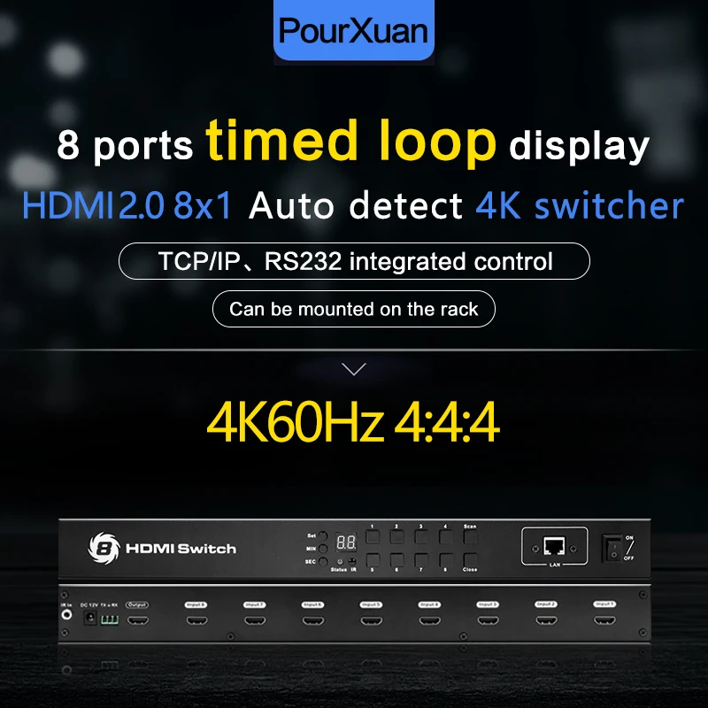 

Переключатель HDMI2.0 8x1, автоматический переключатель с таймером, адаптер 4K60 Гц, ИК-удлинитель, управление TCP/IP RS232, крепление на стойку 1U