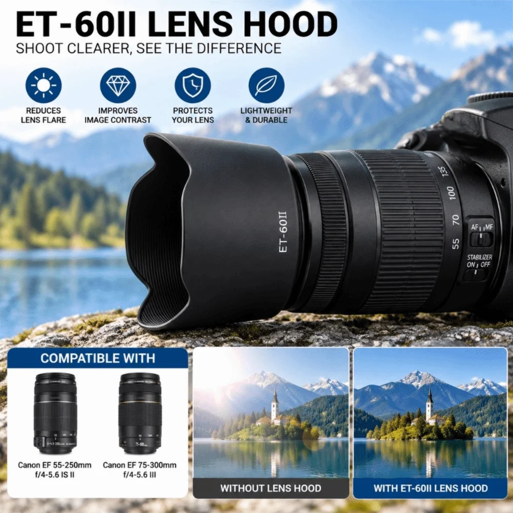 ABS Flower Lens Hood Black Stray Light Blocking Lens Shade Matte Inner Reversible Camera Lens Hood for Canon ET-60II