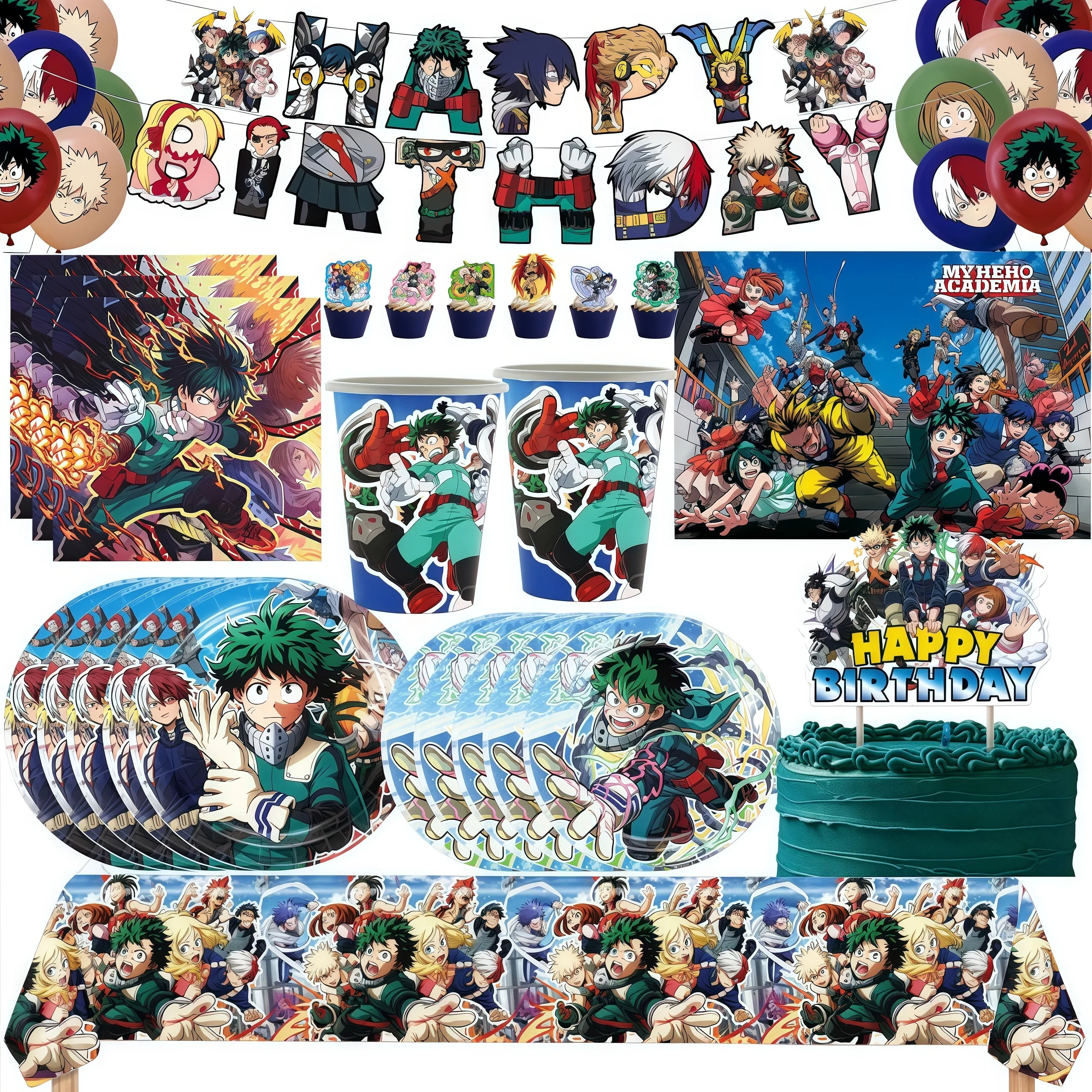 Décoration de fête d'anniversaire My Hero Academia, vaisselle jetable, tasse, assiette, ballon, bannière d'arrière-plan, fournitures de réception-cadeau pour bébé pour enfant