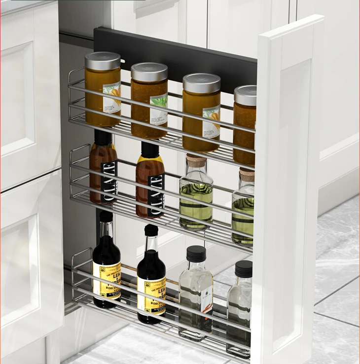 Kitchen Cabinet Narrow Cabinet Pull Basket Space Aluminum Glass Drawer Type Side Pull Small Flavor Basket Seam Shelf