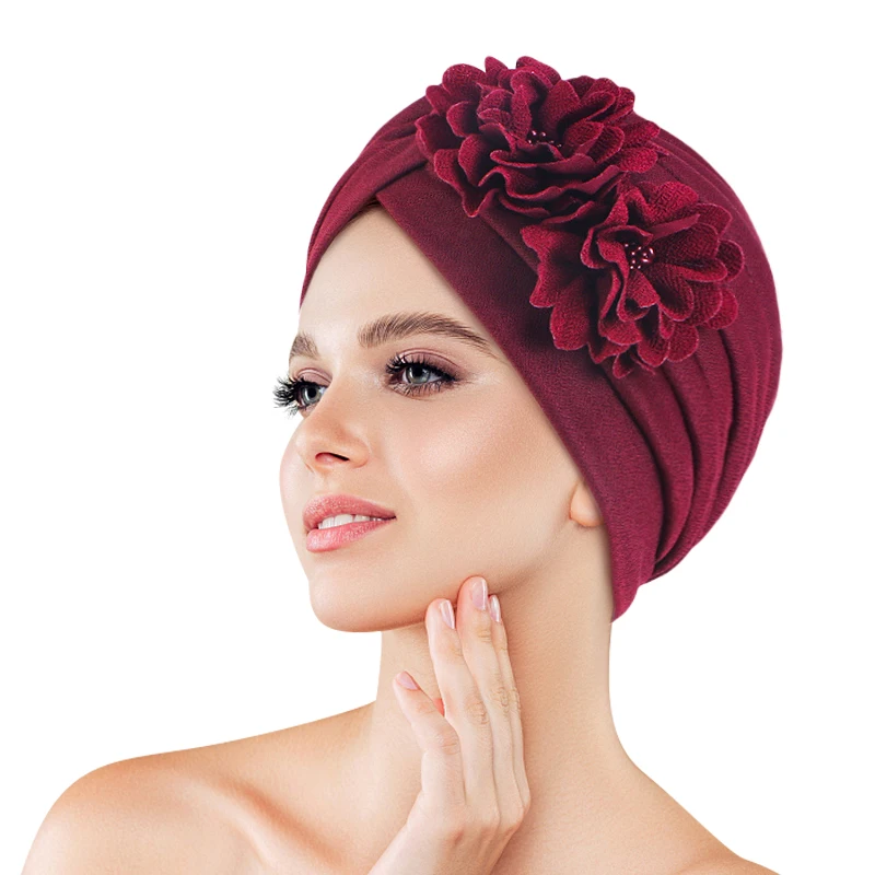 

New Solid double Flowers Ruffle Muslim Turban Scarf Women Islamic Inner Hijab Caps Arab Wrap Head Femme Musulman Turbante Mujer