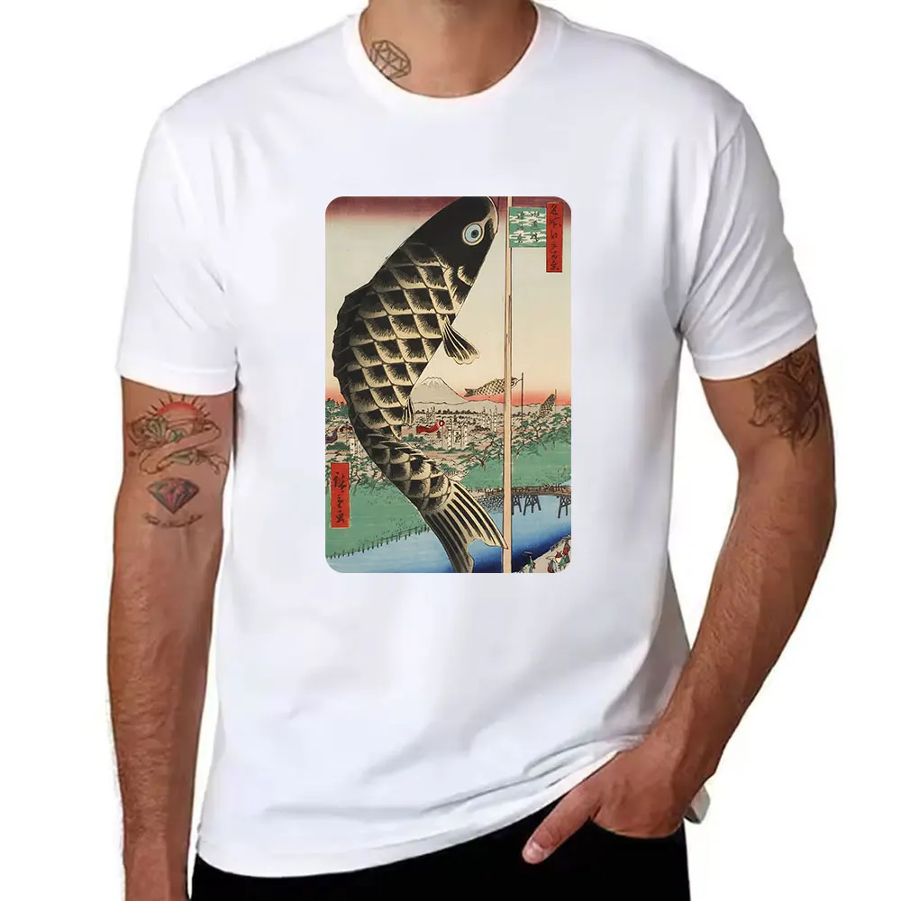 Men's Cotton T-Shirt Japanese Ukiyo-e Carp Flag Mt. Fuji Print Casual Short Sleeve Tee
