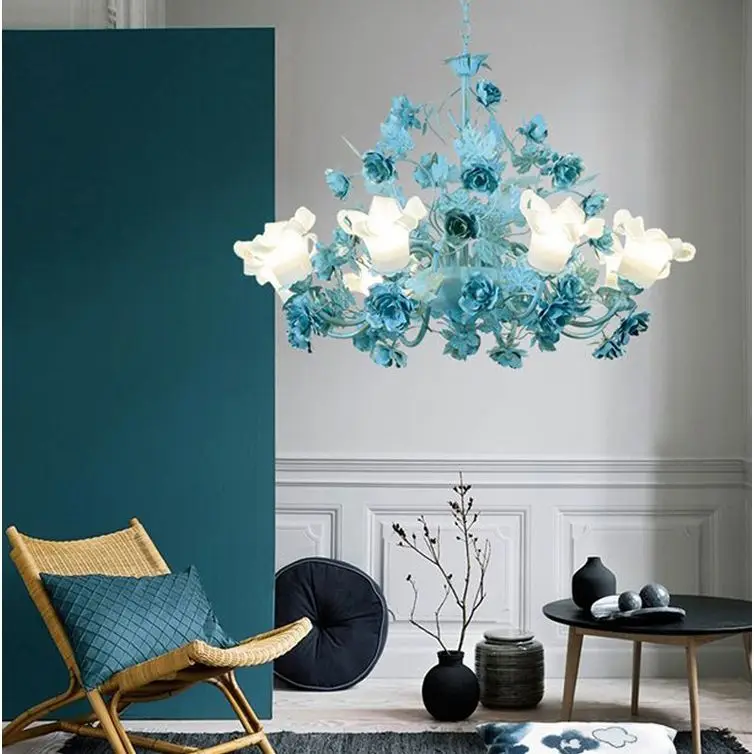 European style countryside living room light, blue rose pendant light, Nordic bedroom dining room lamp