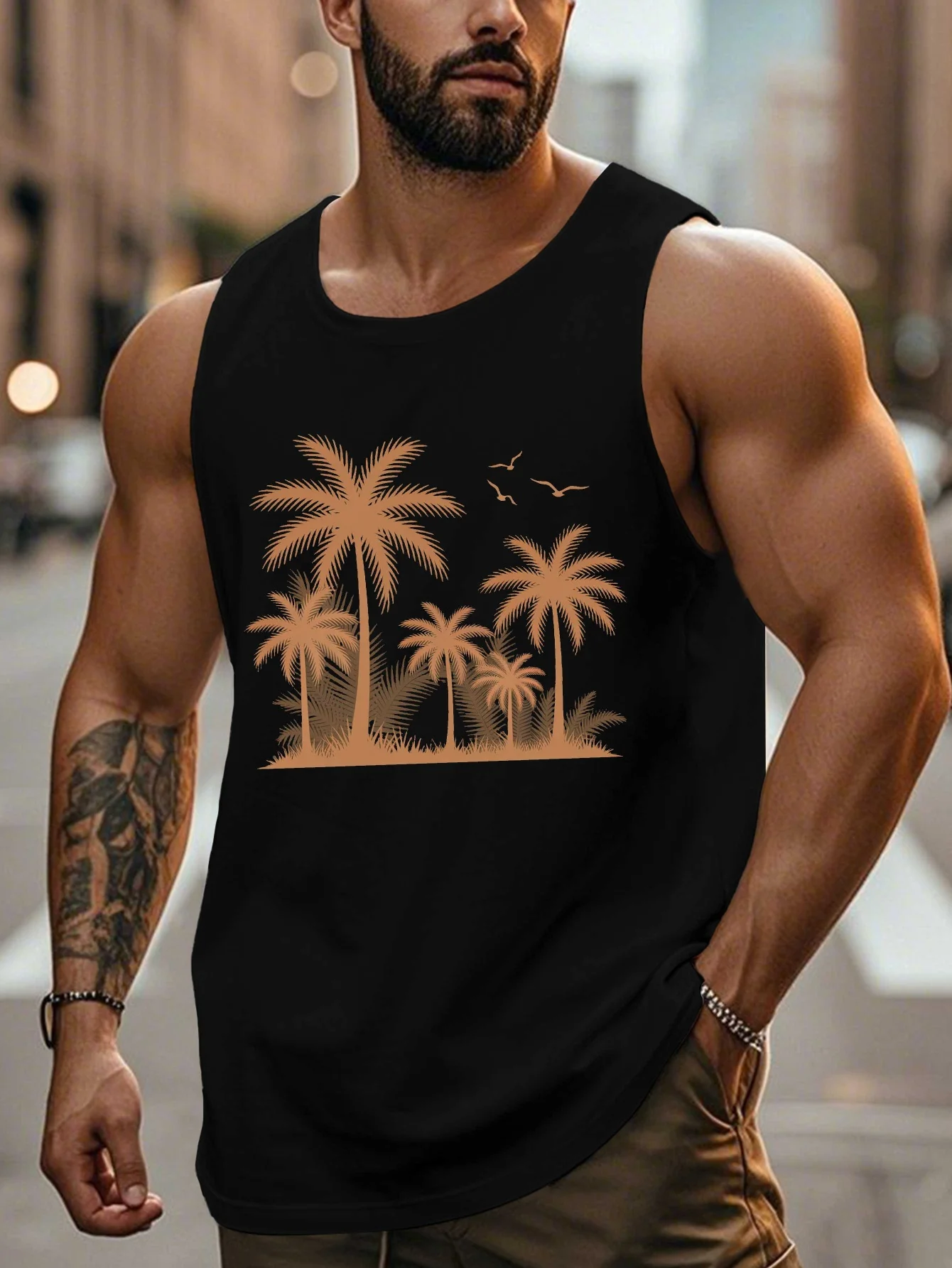 

Men's tank top, with sunset palm tree silhouette print, breathable and comfortable sleeveless design for exercise and fitness.
