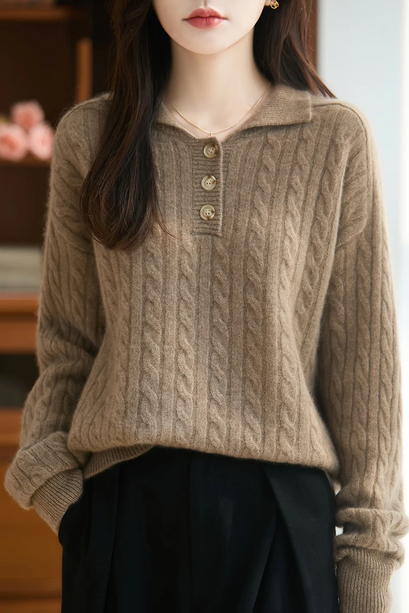 

Женский пуловер из 100% мериносовой шерсти с отложным воротником и частичной застежкой, осенне-зимний, вязаный, с узором косы, плотный, однотонный, мягкий, повседневный топ