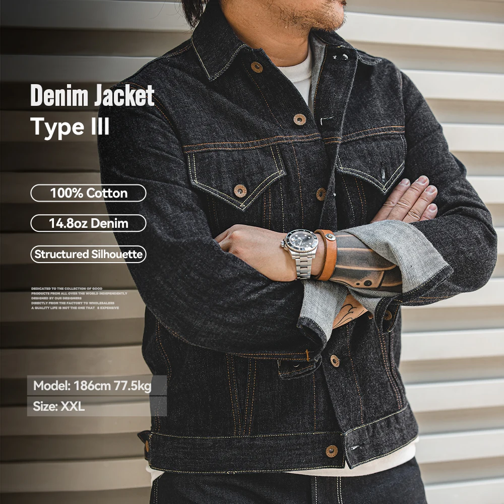 Kurtka dżinsowa Maden Classic 14.8oz Typ III, sprany denim, vintage, dopasowany krój, bawełniana odzież wierzchnia dla mężczyzn, na wiosnę i jesień, ciemnoniebieskie topy