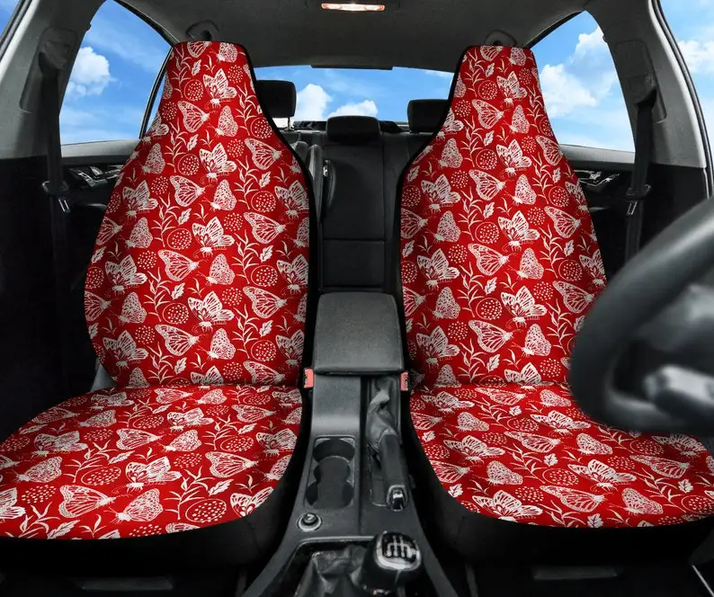 Red car seat covers for women with butterlies, white butterfly, car accessories, covers for car seats