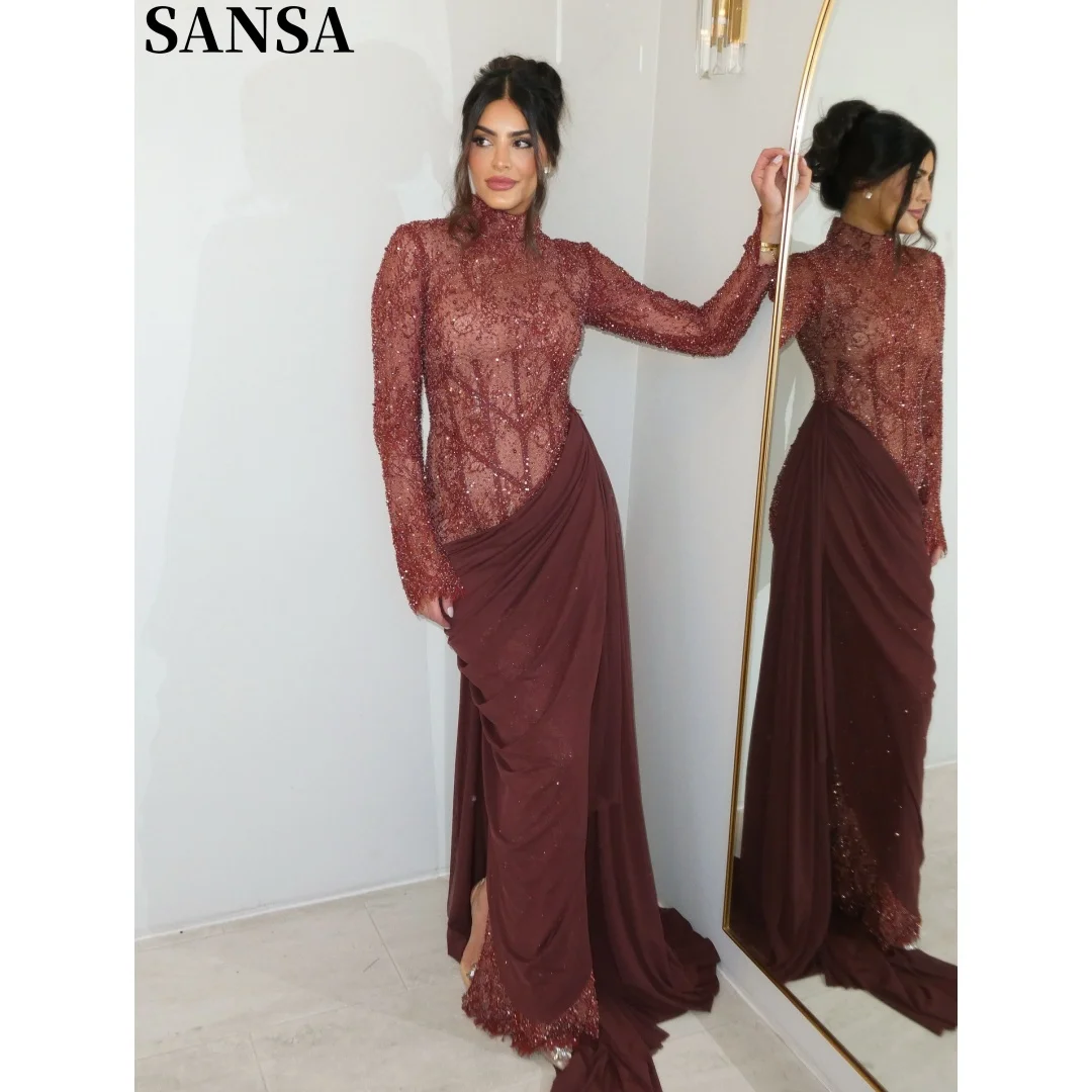 Sansa Customized Burgundy Mermaid Gown high neck long sheer beaded mesh corset draped chiffon skirt formal evening gowns 2026