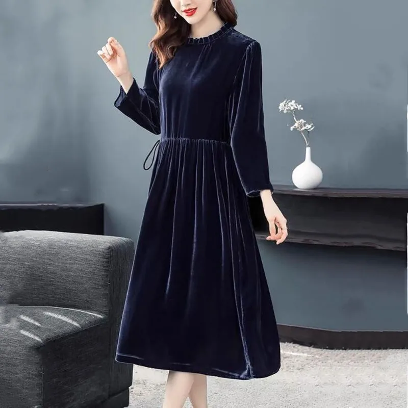 Neues Patchwork-Streetwear-Kleid mit Rüschenkragen, Samt-Handgelenk-Ärmel-Kleider 2022, Frühling, hohe Taille, Schnürung, Velours-Party, Vestidos