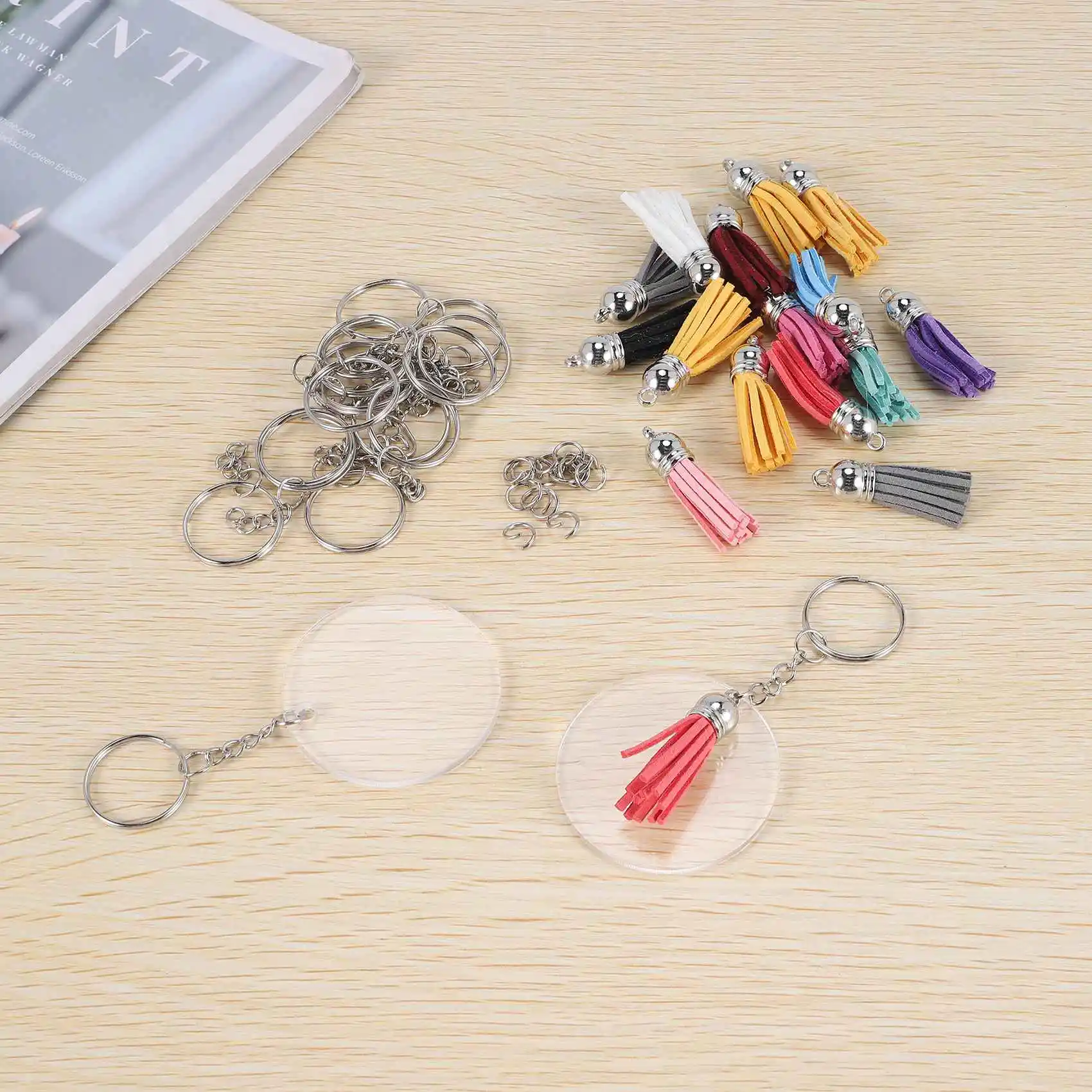 ABKL-64 Pcs Acrylic Transparent Discs Blank Keychains Circle Key Chains And Tassel Pendant Keyring For DIY Project And Crafts
