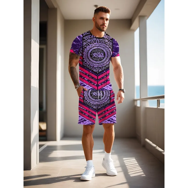 2025 Fashion Leisure Summer Men's Sports Style 3D Digital Printing Pattern Round Neck Short Sleeved T-shirt Shorts 2-piece Set