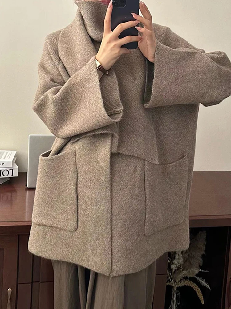 LANMREM Winter Knitted Sweater Coat Women Round Neck With Scarf Pockets Single Button Solid Color Clothing 2023 New 2AA3835