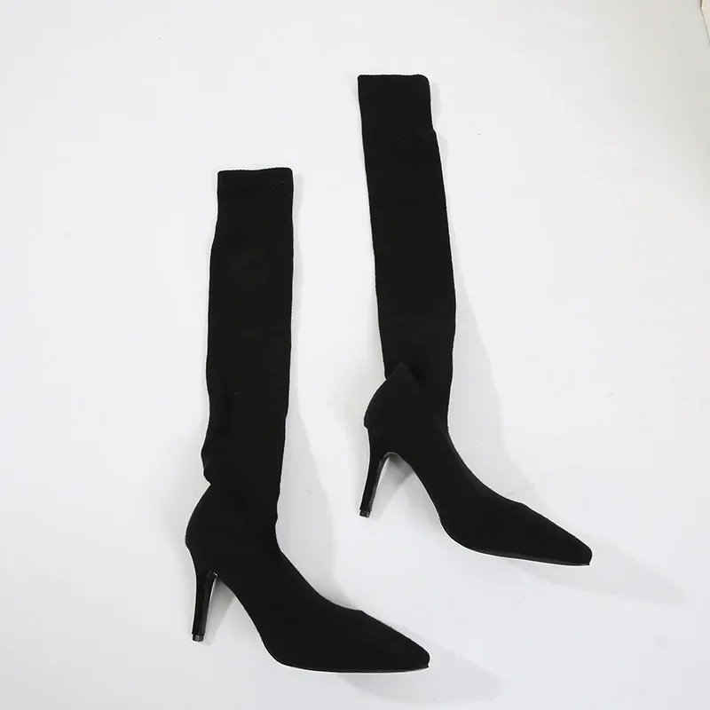 Autumn Winter Cozy Thigh High Sock Boots Women Black Stretch Fabric Pointed Toe Thin High Heel Over The Knee Slip on Botas Shoes