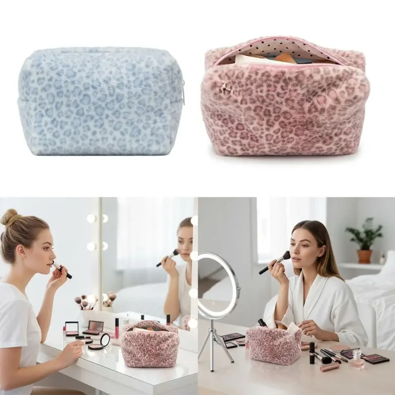 Multi-functional Fuzzy Makeup Bag Large Capacity Portable Cosmetic Bag Leopard Print Toiletry Organizer Women