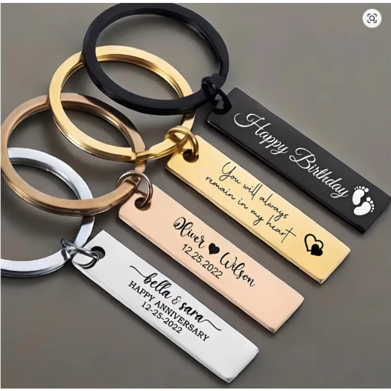 New Style Stainless Steel Custom Logo Name Keychain Rectangular Hang Tag Metal Key Ring Advertising Holiday Engraved Laser Gift