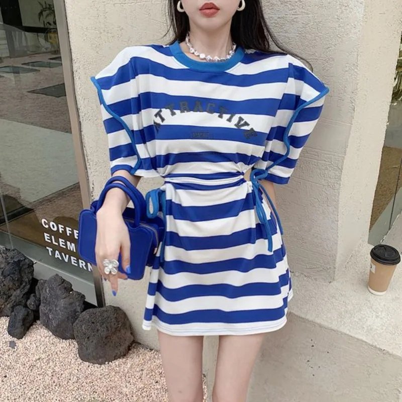 

Summer New Bubble Sleeves Striped Dress for Women's Design Spicy Girl Waist Wrapped High End Short Dress Female Clothing