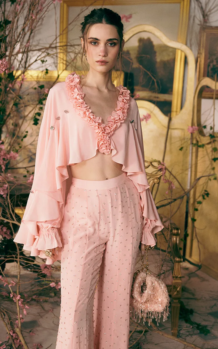 

2026 Women Celebrity Sexy Long Sleeve 3D Flowers Mesh Flare Pants Pink 2 Piece Sets Elegant Evening Club Party Outfits