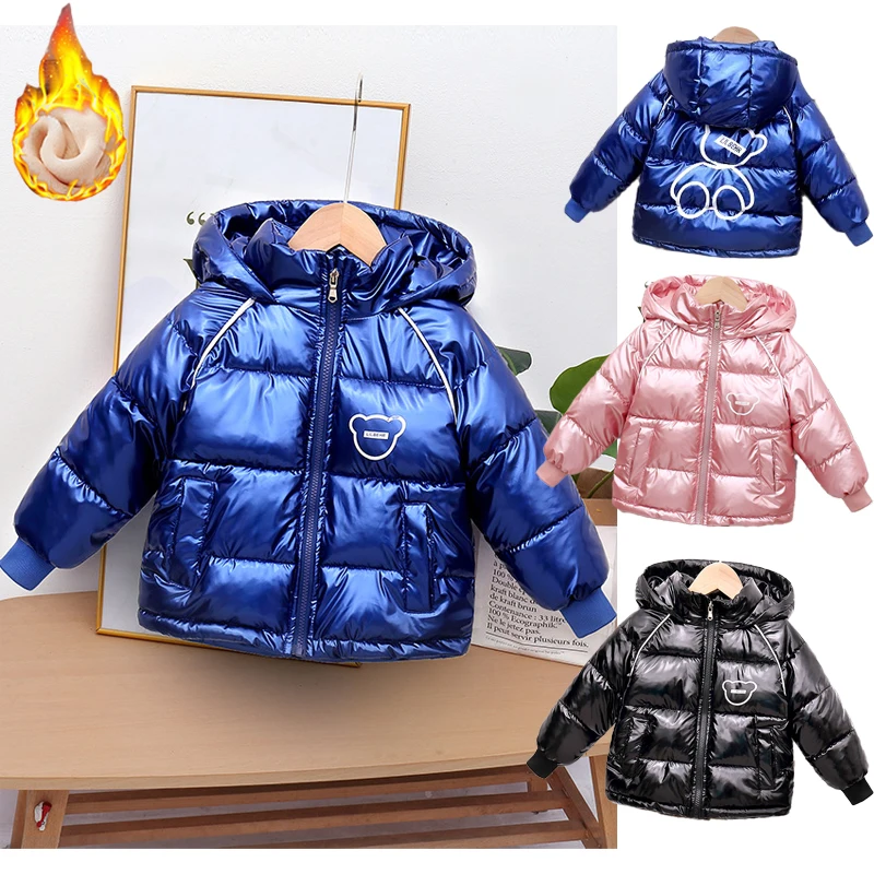 Winter New Boys Girls Thick Jacket Cartoon Bear Glossy Antifouling Lining Plus Velvet Keep Warm Hooded Snowsuit For 2-6 Years