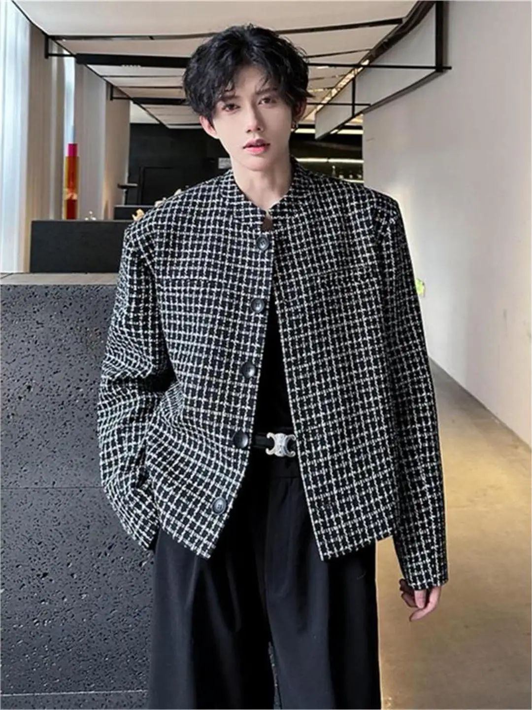 

Ele ort Men's Suit Jaet Spring Autumn Loose Plaid Faion Outerwear Youth Trendy Button up Casual Polyester