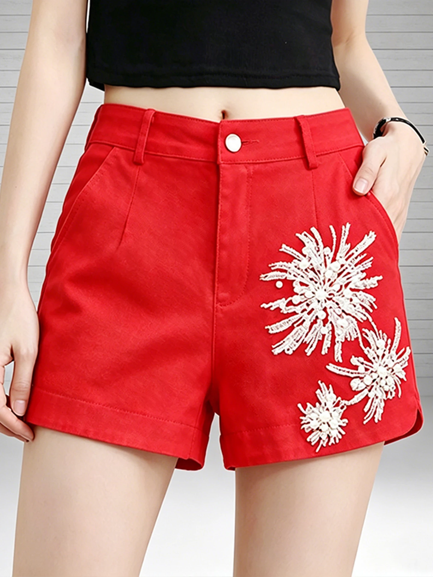 

High Waist Embroidered Shorts Women's Fashion Slimming Sexy Trendy Hot Pants Korean Style Casual Summer Cotton Stretch Denim