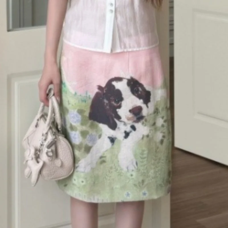 Women Cute Puppy Print Midi Skirt Vintage Floral Oil Painting A Line Casual Skirt