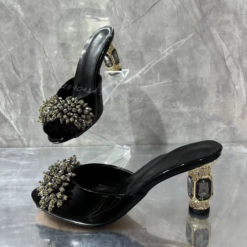 

Crystal Decor Black Strange Style Heels Slippers Slip On Women Shoes Patent leather Fashion Party Feast 2024 Zapatos Para Mujere