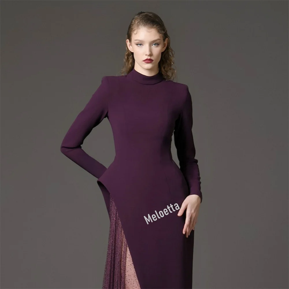 Op maat gemaakte jersey glitterplooi hoge kraag asymmetrische lange jurken op maat gemaakte gelegenheid luxe avondjurk mode feestjurk