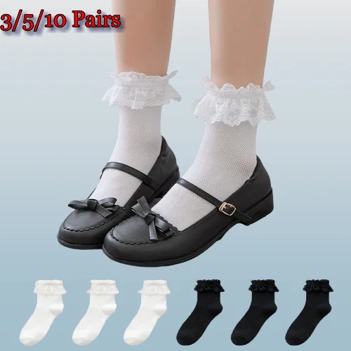 

New 3/5/10 Pairs Women Summer Mid Sleeve JK Uniform Socks Japanese Cute Lolita Fashion High Quality Solid Color Sweet Lace Socks