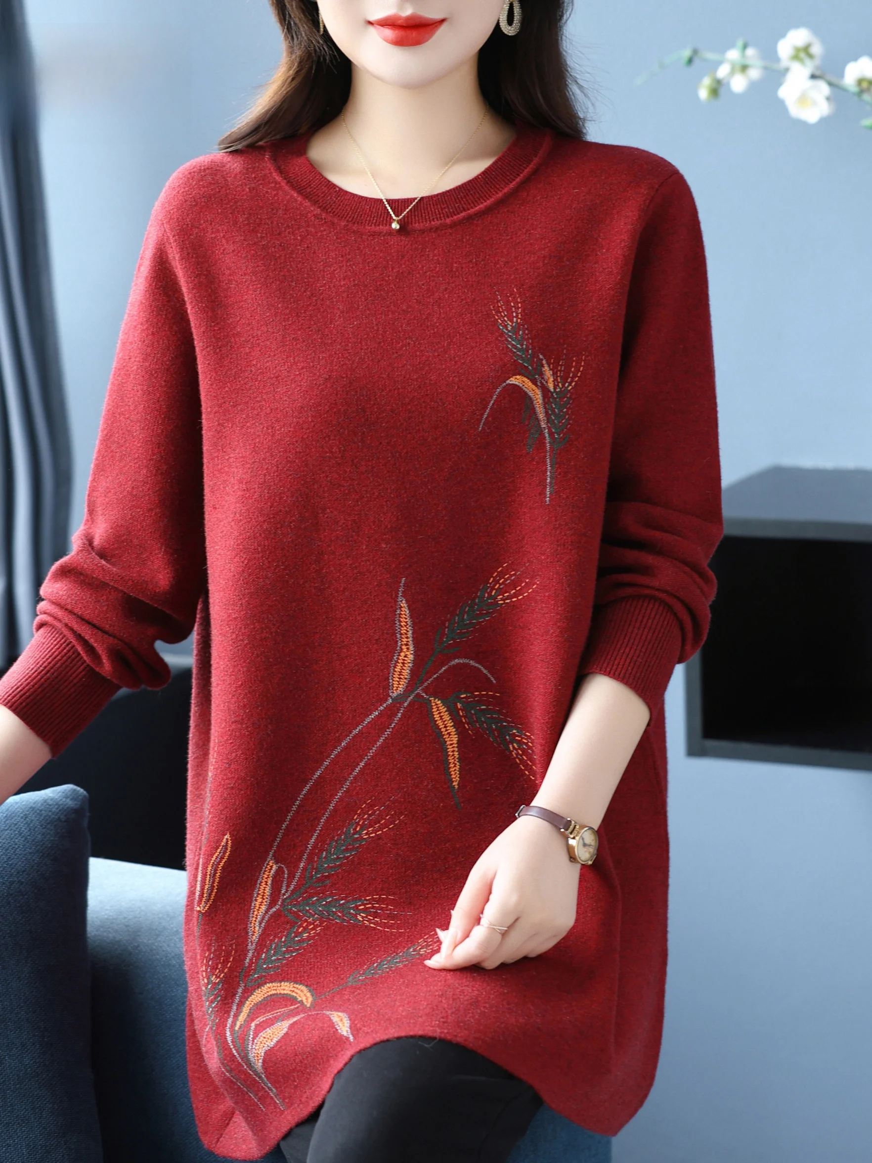 

Теплый вязаный свободный круглый свитер с принтом для женщин ly Faionable с вышивкой Thiened средней длины Base irt