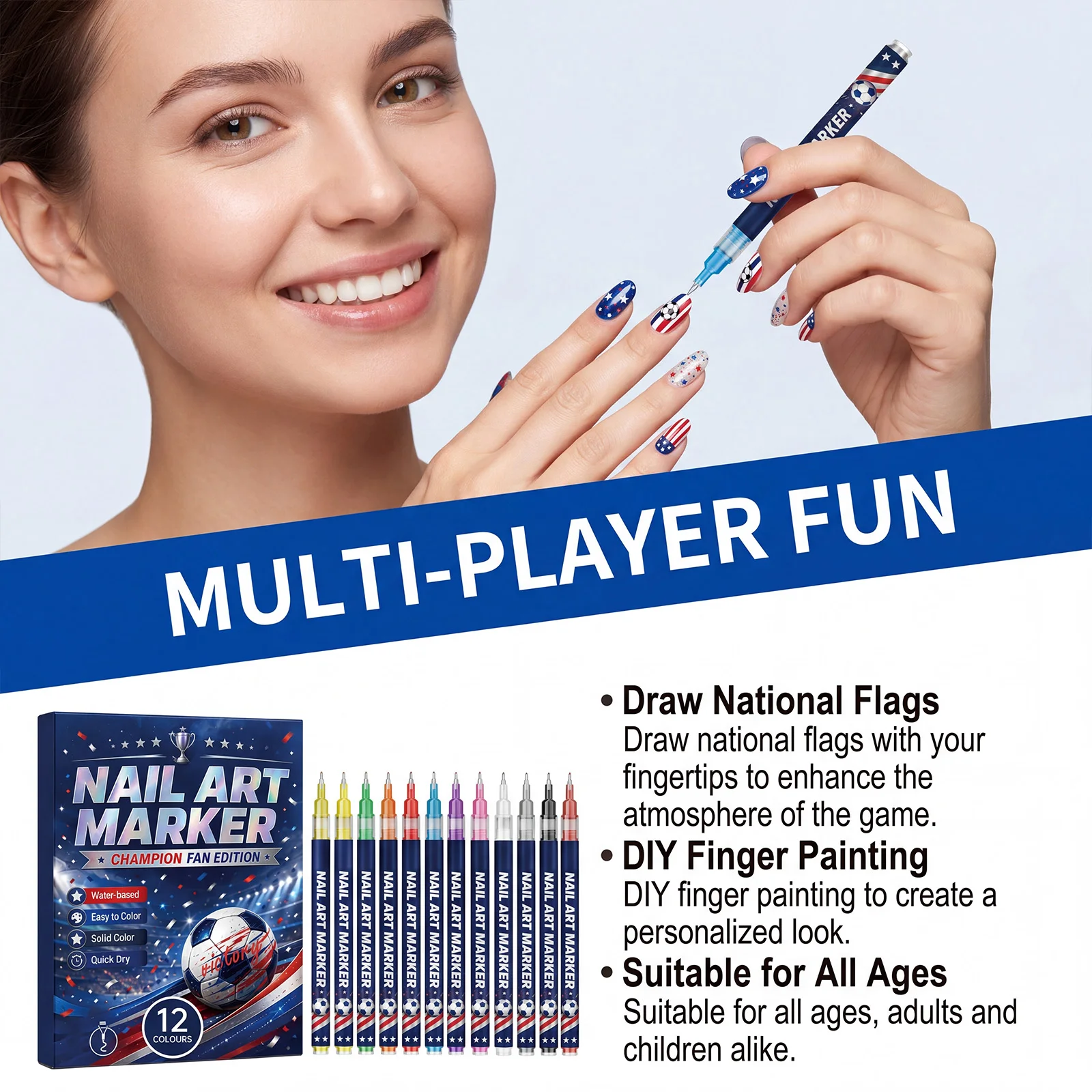 12Pcs Champion Fan Edition Nail Art Markers Quick Dry Nail Graffiti Pens DIY American Flag Football Nail Art Manicure Tools - view 3