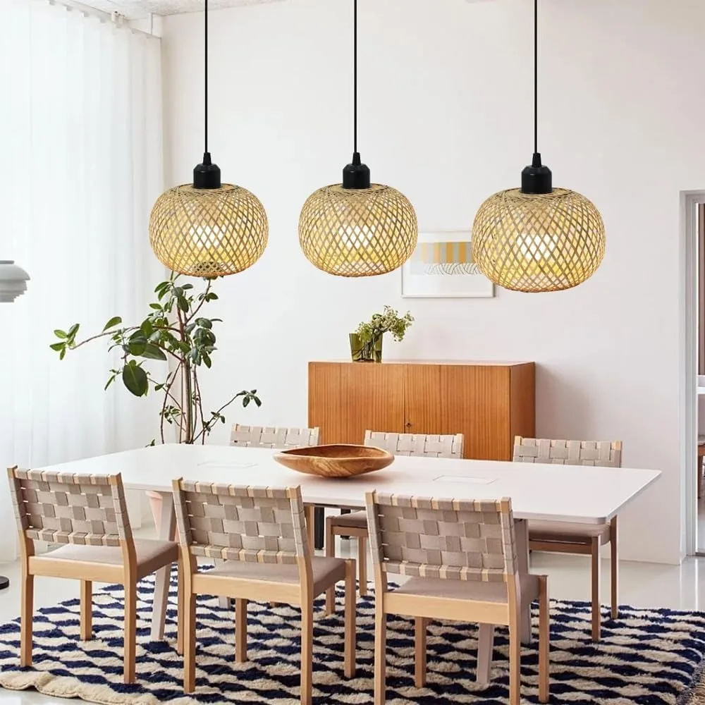 Bamboo Pendant Light Handmade Wicker Ceiling Lamp Rustic Hanging Light Fixture Boho Chandelier Dining Room Lighting Home Decor