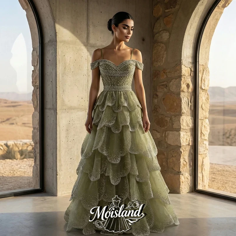 MOISLAND Customized Luxury Beaded Off Shoulder Evening Dress Tiered Ruffles Formal Occasion Party Gowns for Women