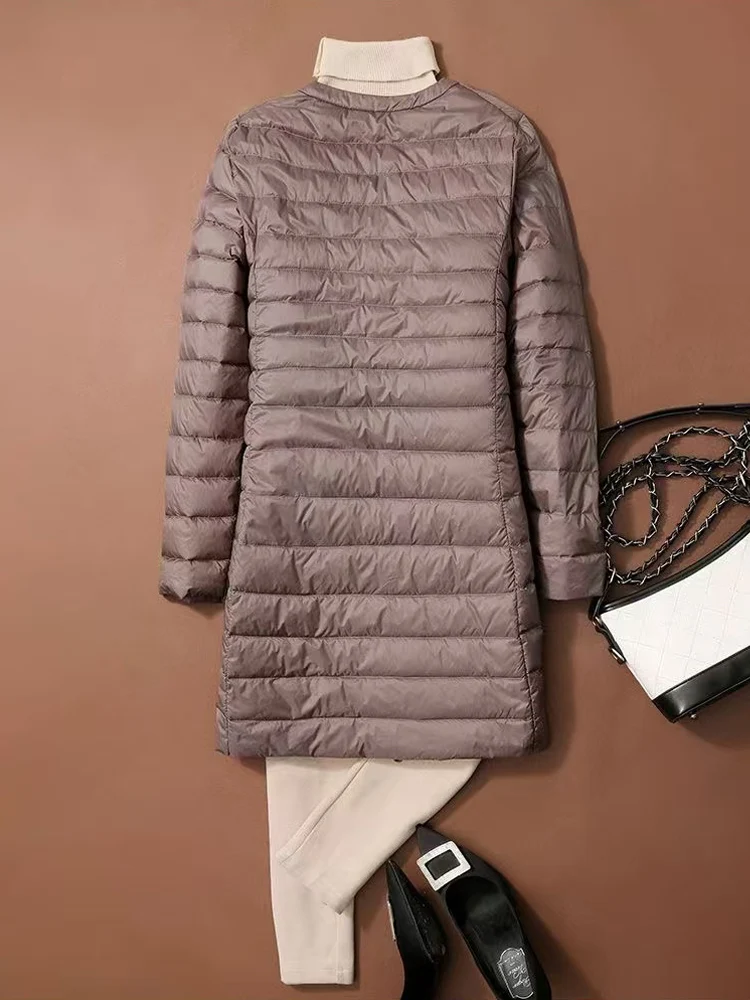 0-10 ℃   Piumini da donna in piumino d\'anatra autunno inverno ultraleggero portatile o-collo cappotto imbottito con piume capispalla senza colletto