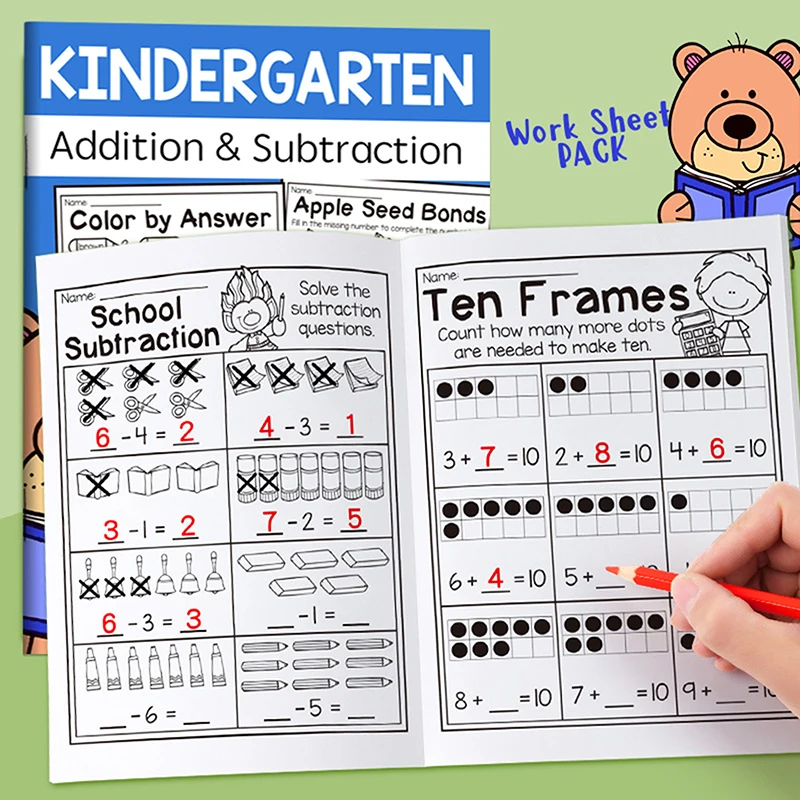 32-Page Interactive Math Learning Workbook With Addition & Subtraction Worksheets, Crossword Puzzles, Colorful Math Activities
