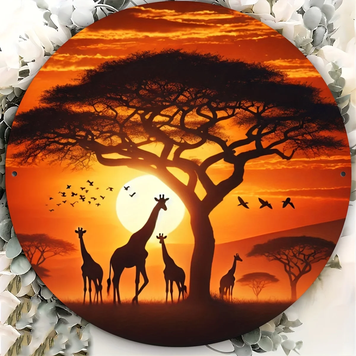 1pc, Round Metal Tin Sign - African Hunting Giraffe Sunset Wall Hanging Decoration, Suitable for Home, Farm, Garden, Bar, Garage