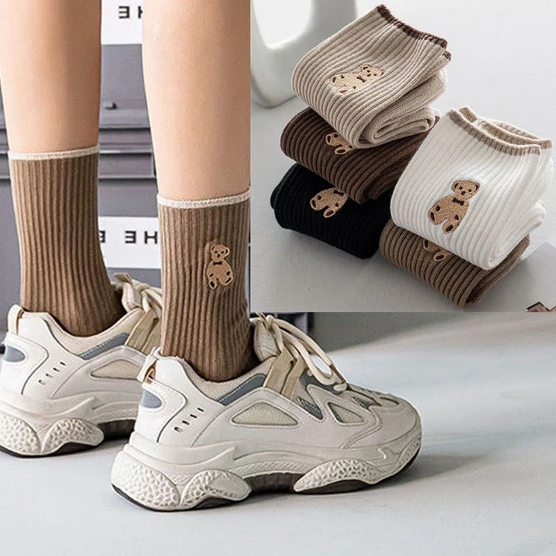 5Pairs New Cute Bear Socks Women High Cotton Keep Warm Brown Winter Sock Fuffy Funny Lovely Kawaii Cartoon Women\'s Thermal Socks