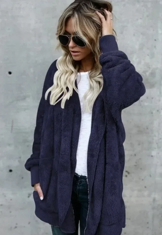 Winter Doppel Fleece Strickjacke Jacke Herbst Frauen Einfarbig Langarm Plüsch Warme Mit Kapuze Dame Jacke Übergroßen Oberbekleidung Mantel – Detail 7