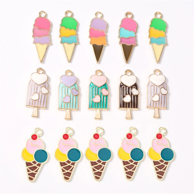 10 Stück niedliche, gemischte Emaille-Anhänger mit Sommer-Essen-Motiven (Eis am Stiel, Eiscreme) für die Schmuckherstellung, Ohrhänger, Halsketten, DIY-Bastelarbeiten, Geschenke – Detail 1