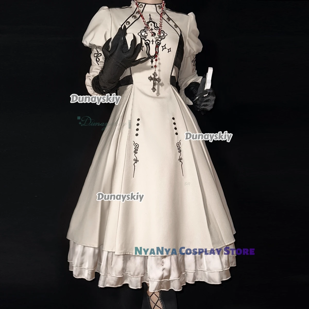 OP Lolita Estilo gótico Vestido de color marfil Mangas largas hinchadas Vestido de encaje plisado Adivinero rsiPara fiesta de carnaval Halloween