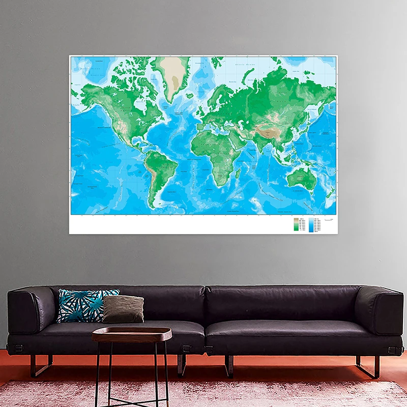 150x100cm World Elevation Map Foldable Non-woven for Geological Research School Education World Map Poster Supplies