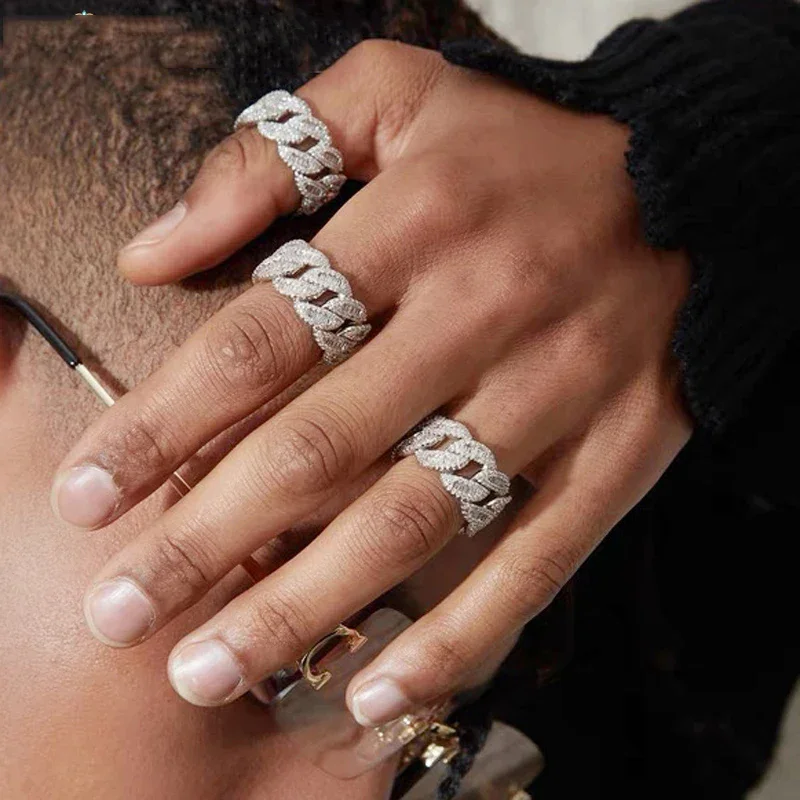 

Iced Out Men Boy Ring With Full Cz Paved Gold Silver Color Cuban Chain Shape Finger Rings For Hip Hop Wide Band Punk Jewelry