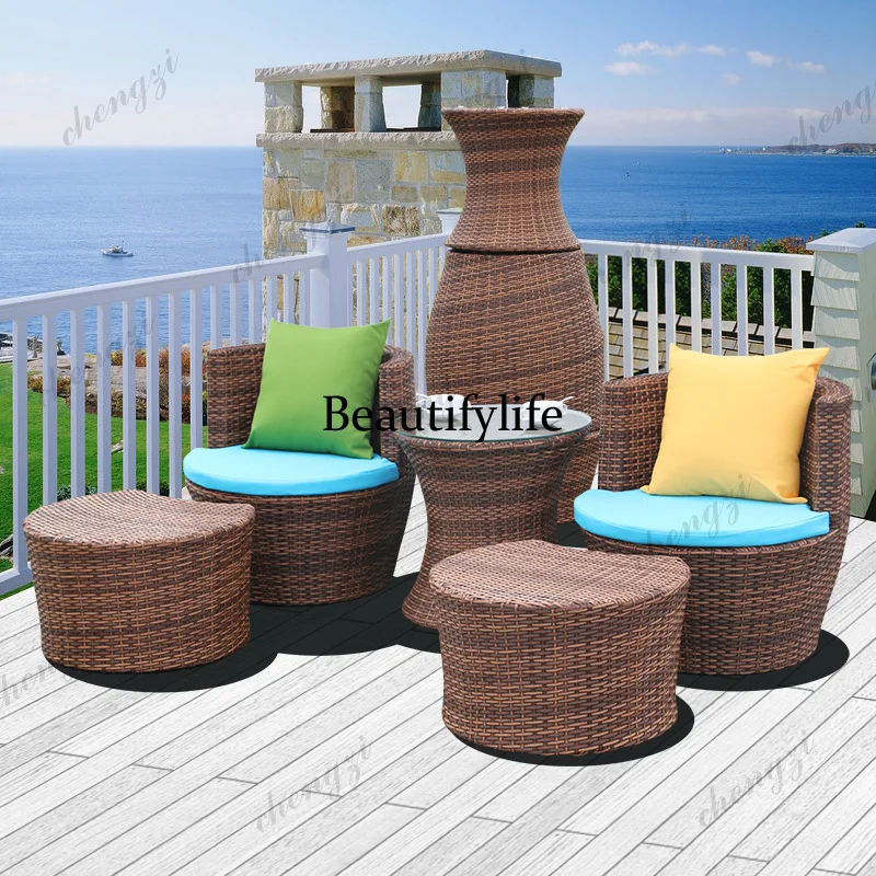 

Balcony table and chair three-piece set lazy rattan chair coffee table leisure rattan chair outdoor courtyard combination